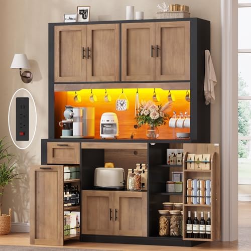 Itaar 71" Pantry Cabinet with Charging Station and LED Light, Kitchen Pantry Cabinet with Microwave Stand, 47.2" Wide Kitchen Storage Cabinets with Storage Cart 3 Tier for Dining Room,Brown by Itaar