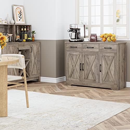 HOSTACK Kitchen Buffet Cabinet with Storage, Sideboard Coffee Bar, Grey - Image 5
