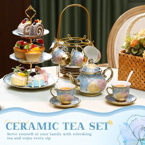 21 Pcs Porcelain Tea Set with 3 Tier Dessert Stand, Blue, Elegant - Image 5
