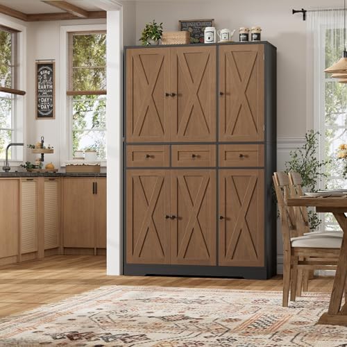 HOSTACK 67"H Farmhouse Kitchen Pantry Storage Cabinet with 3 Drawers, Brown - Image 4