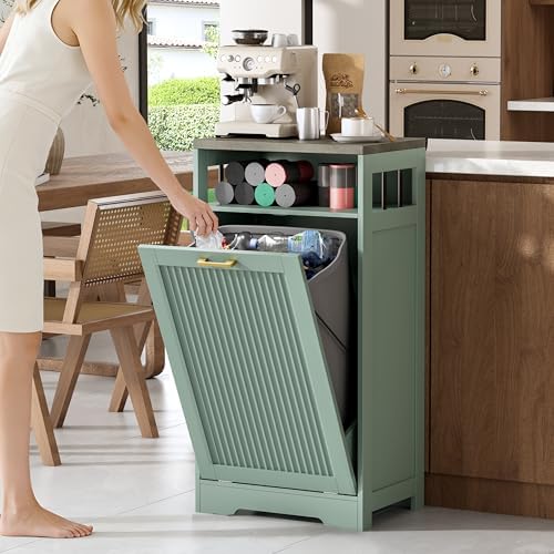 Pet-Proof Single 13 Gallon Tilt Out Trash Can Cabinet with Open Storage – Hide Garbage & Recycling Bins to Keep Your Kitchen Clean and Organized,Green - Image 2