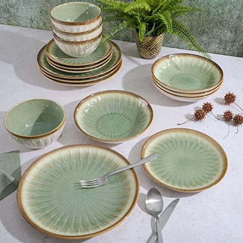 Gibson Elite Mayfair Bay 16-Piece Embossed Double Bowl Dinnerware Set, Service for 4 – Green Stoneware Plates and Bowls - Image 7