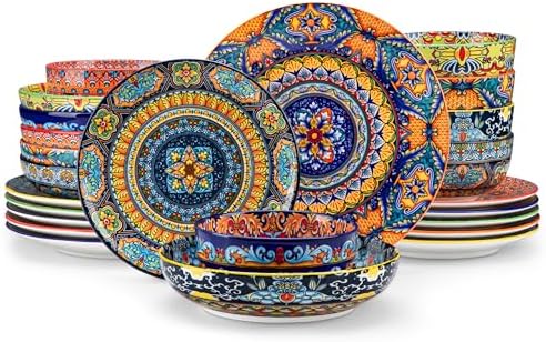 vancasso 24-Piece Dinnerware Sets,Plates & Bowls Sets Service for 6, Bohemian Porcelain Dishes Set for 6, Kitchen Dinner Set,Microwave & Dishwasher Safe, Scratch Resistant,Series KRVI by vancasso