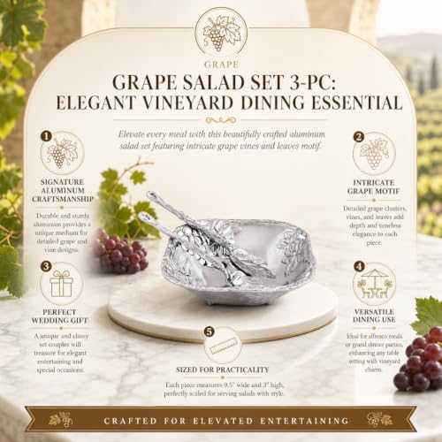 Arthur Court Grape Salad Set 3-Pc Aluminum Bowl and Server - Elegant Serveware for Entertaining - 9.5 Inch Diameter - Image 6