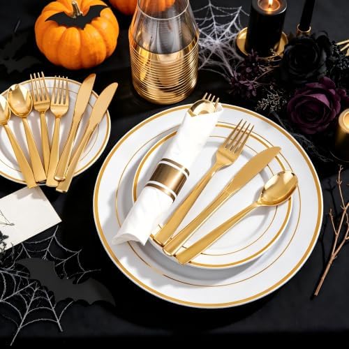 WELLIFE 700 Pcs Gold Plastic Plates for 100 Guests - Disposable Dinnerware Set,Party Supplies Includes 200 Gold Plates,300 Plastic Silverware,100 Napkins,100 Cups for Party and Wedding - Image 4