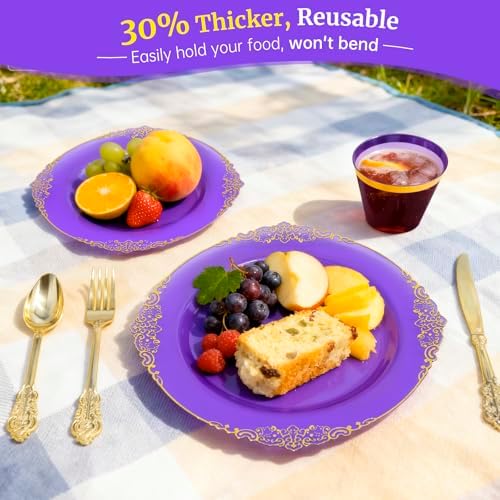 AIRE Purple Gold Plastic Plates Set, 350PCS Disposable Dinnerware for 50 - Image 5