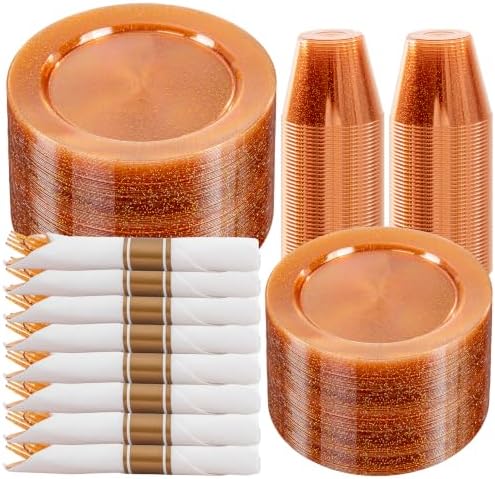 DaYammi 350PCS Orange Glitter Plastic Dinnerware Set for 50 Guests by DaYammiwillaccompanyyou