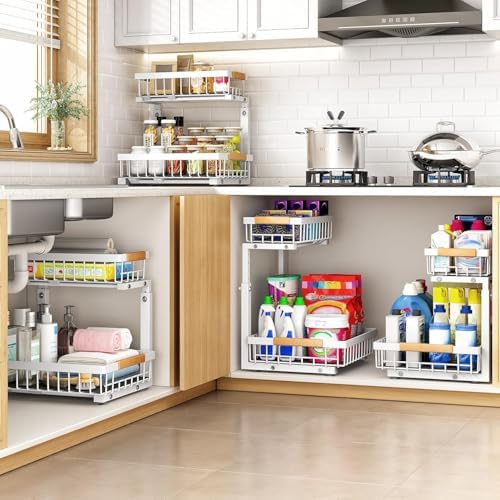 PXRACK Under Sink Organizer, Adjustable Height, 2 Tier Pull Out Under Cabinet Organizer, Slide Out Thickened Metal Under Sink Storage for Kitchen Bathroom Laundry Pantry Cabinet, White, Small-1-Pack - Image 7
