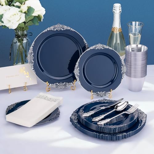 Bestluck 350PCS Navy Blue Plastic Plates for 50 Guests - Image 2