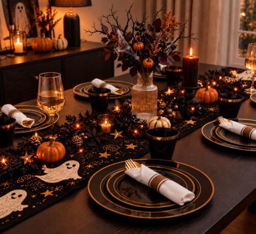 WELLIFE 210PCS Black and Gold Plastic Plates - Plastic Dinnerware Set for 30 Guests,Include 30 Dinner Plates, 30 Dessert Plates, 30 Black Cups 9 OZ, 30 Pre Rolled Napkins with Gold Silverware - Image 4