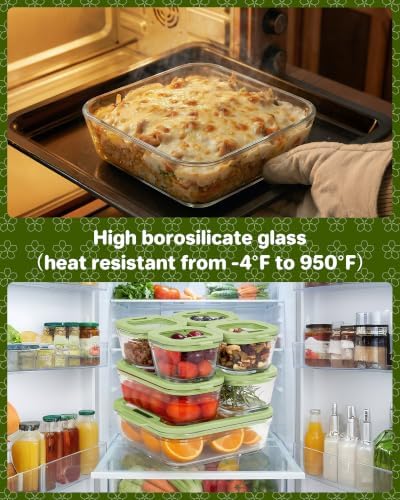 1-Pack Glass Food Storage Containers with Tempered Lids, 5.7Cup Borosilicate Glass Meal Prep Containers, Airtight & Oven-Safe (-4°F~950°F), BPA-Free, （Olive green） - Image 4