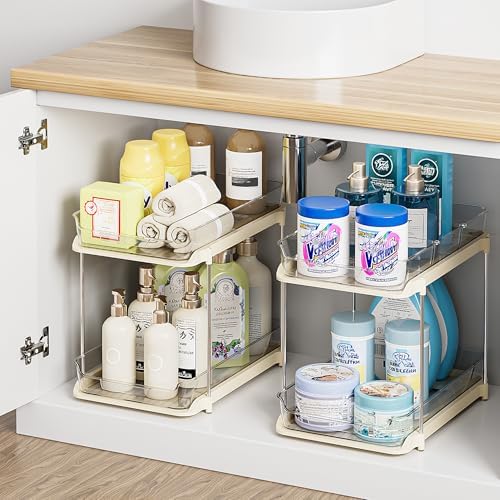 Delamu 2-Tier Multi-Purpose Bathroom Under Sink Organizers and Storage, Stackable Kitchen Pantry Organization, Pull Out Medicine Cabinet Organizer with Movable Dividers, Beige, 4 Pack - Image 5