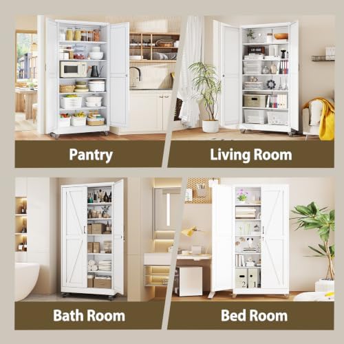 Metal Storage Cabinets with Wheels, Steel Tool Cabinets Lock Door and 5 Adjustable Shelves for Home Office, Garage, Kitchen (White, 73.6" H) - Image 7