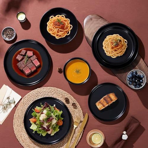 LIANYU 16 Piece Dinnerware Sets with Double Bowls for 4, Black Onyx - Image 3