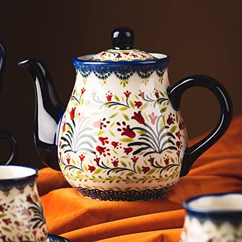 polish pottery style porcelain ceramic 10 piece Tea set,7.2oz tea cup and sauce set of 4,28.2oz teapot and 1wooden tray. (The tulip) - Image 6