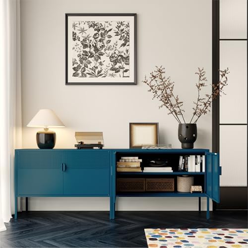 COFaR TV Stand for TVs up to 75 Inch, 40 Inch Media Console with Ventilation Doors, Metal Entertainment Center with Adjustable Shelves & 120Lbs Storage for Living Room & Bedroom, Peacock Blue - Image 4