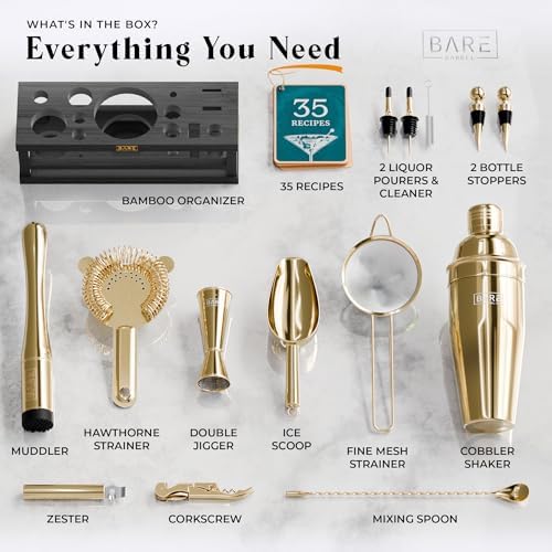 BARE BARREL® Mixology Bartender Kit Bar Set | 16-Piece Cocktail Shaker Set | Martini Barware Mixing Tools for Home Bartending | Incl. 35 Recipe Cards | Gift Set (24oz Cobbler Shaker, Gold/Black) - Image 4