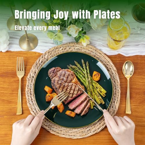 KIRE 175PCS Green Plastic Plates with Gold Rim - Heavy Duty Green Plates Disposable Include 50 Fancy Plastic Plate, 25Pre Rolled Napkins 25 Cups For Party/Wedding/Christmas - Image 6