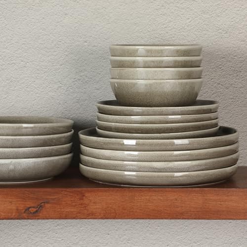 Gibson Elite Berea 16 Piece (Service for 4) Plates and Bowls Reactive Glaze Round Dishes Stoneware Ceramic Dinnerware Set -Taupe - Image 4