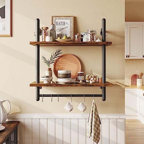 Bestier 24" 2 Tier Industrial Pipe Wall Shelf with 8 Hooks, Rustic Brown by Bestier