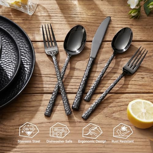 20 Piece Black Silverware Set,18/10 Stainless Steel Hammered Flatware for 4 - Image 2