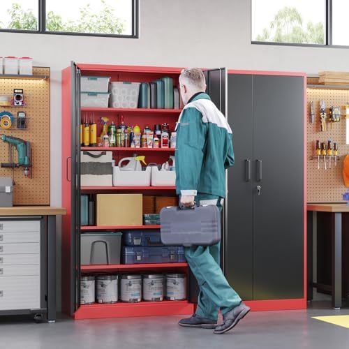 Letaya Metal Garage Storage Cabinets with Lock, 72" Tall Locker Organizer Steel Tool Cabinets,5 Adjustable Shelves 2 Doors for Home Office, Warehouse,Garage,Industrial,Employee (Black Red) - Image 2