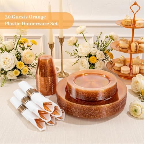 DaYammi 210PCS Orange Glitter Plastic Dinnerware Set for 30 Guests - Image 2