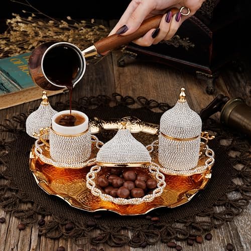 DEMMEX Turkish Greek Arabic Coffee Making and Serving Full Set with Cups Saucers Lids Sugar Bowl Tray and Copper Coffee Pot, Hand Decorated with Gold Crystals, 12 Pcs (Crystals) - Image 3