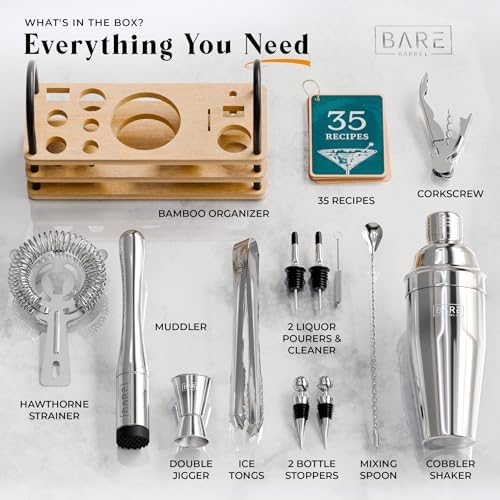 BARE BARREL® Mixology Bartender Kit Bar Set | 14-Piece Cocktail Shaker Set | Martini Barware Mixing Tools for Home Bartending | 35 Recipe Cards | Gift Set (24oz Cobbler Shaker, Silver/Natural) - Image 4