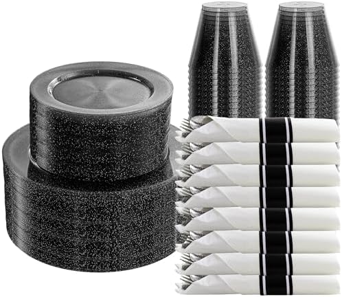 DaYammi 210PCS Black Glitter Plastic Dinnerware Set for 30 Guests by DaYammiwillaccompanyyou