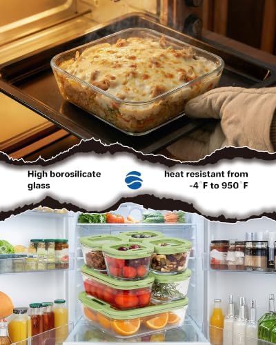 4-Pack Glass Food Storage Containers with Tempered Lids – Borosilicate, Airtight, Oven-Safe (-4°F~950°F), BPA-Free, 1Cup*2 & 2.3Cup*1 & 5.7Cup*1(Olive green) - Image 4