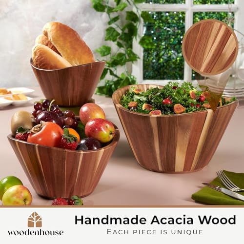 Wooden Salad Bowl Set of 3, Wavy 12" 10" 8" Wood Serving & Mixing Bowls - Image 2