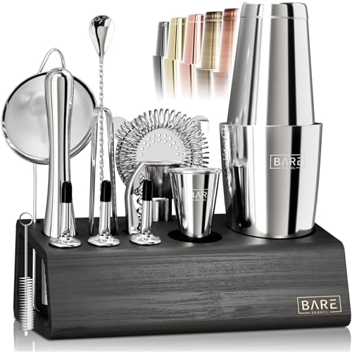 BARE BARREL® Mixology Bartender Kit Bar Set | 14-Piece Cocktail Shaker Set | Martini Barware Mixing Tools for Home Bartending | Incl. 35 Recipe Cards | Gift Set (28oz Boston Shaker, Silver/Black) by BareBarrel