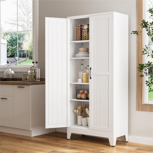 COFaR 71" White Pantry Cabinet with Vertical-Groove Doors and Shelves by COFAR