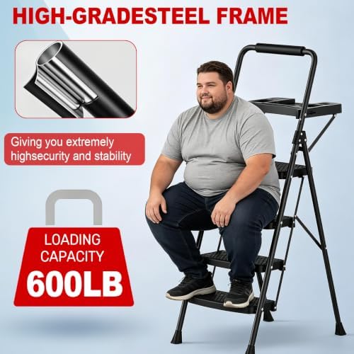 4 Step Ladder, Anautin Folding Step Stool with Tool Tray, Wide Anti-Slip Pedals, Heavy Duty Steel Step Ladder with Handrails, Portable Foldable Ladder for Kitchen Closet Garage Home 600lbs Capacity - Image 6
