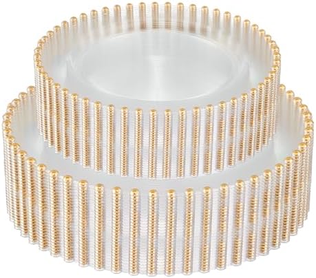 PLASTICPRO 64 Piece Combo Plastic Dinner Plates Disposable Plastic Fancy Heavy Duty Party Dishes 7 inch and 10 inch, Clear and Gold Beaded by PLASTICPRO