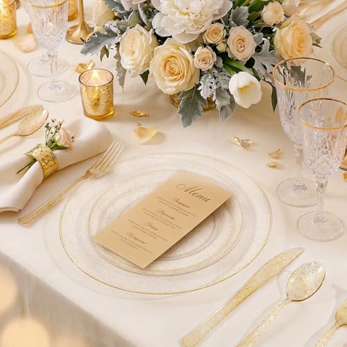 WDF 200PCS Gold Plastic Plates - Gold Glitter Plastic Plates - Heavy Duty Gold Glitter Disposable Plates - Include 100 Dinner Plates 10" and 100 Dessert Plate 7" for Wedding/Birthday/Thanksgiving - Image 2