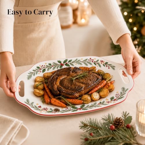 DOWAN Christmas Serving Tray with Handles - 16.5 Inch Large Ceramic Platter for Turkey, Ham & Party Food, Rectangular Serving Dish for Holiday Entertaining - Oven & Dishwasher Safe - Image 4