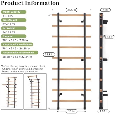 DHT Wood Stall Bar, Swedish Ladder Suspension Trainer with 9 Strategic Rods, for Home, Gym, School and Clinics, Black - Image 6