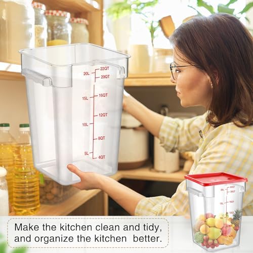 Suclain 2 Pcs Square Food Storage Container Polycarbonate Clear Food Container with Lid Commercial Rice Storage with Graduations for Commercial Kitchen(22 Qt,Red) - Image 5