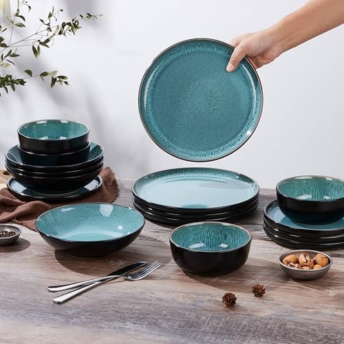 LIANYU Stoneware Dinnerware Sets with Pasta Bowls for 4, Pastel Turquoise - Image 4