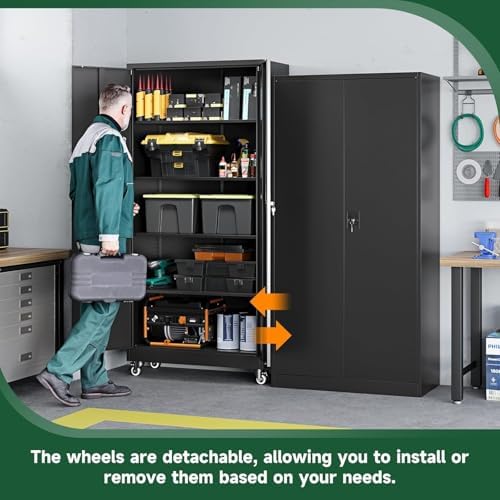 Letaya Metal Garage Storage Cabinets with Wheels,Steel Tool Cabinets Lock Door and Adjustable Shelves for Home,Office,Warehouse Organisieren (Black, 74.41" H) - Image 4