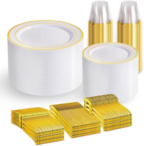 WELLIFE Gold Disposable Dinnerware Set for 100 Guests - 600PC BPA-Free Plastic Plates & Cutlery Kit with 100 Dinner Plates, Salad Plates, Forks, Knives, Spoons & Cups for Party, Catering (Heavy-Duty) by WELLIFE