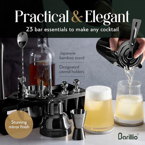 Barillio Black Bartender Kit - Stainless-Steel Cocktail Shaker Set w/Black Bamboo Stand - Mixology Bar Tools w/Drink Shaker, Mixer and Muddler for Cocktails - Home Bar Accessories - 23-Pc Bar Set - Image 4