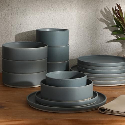 Gibson Elite Tatum Premium Porcelain Matte Reactive Glaze 16-Piece (Service for 4) Plates and Bolws Stackable Dishes Ceramic Dinnerware - Blue - Image 4