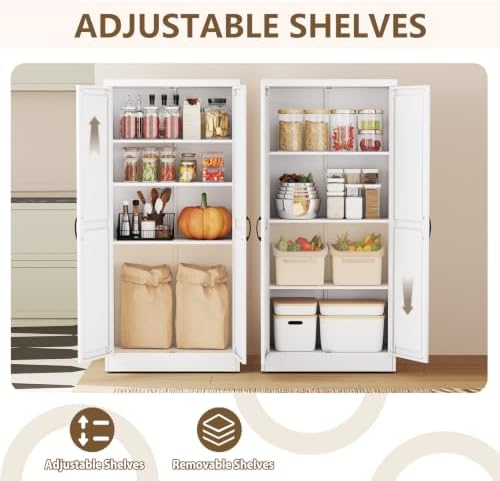 White Metal Storage Cabinet, 63" Kitchen Pantry Cabinets for Office - Image 4