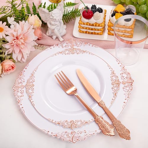 Morejoy 175PCS Rose Gold Plastic Plates & Disposable Dinnerware Sets - Image 2