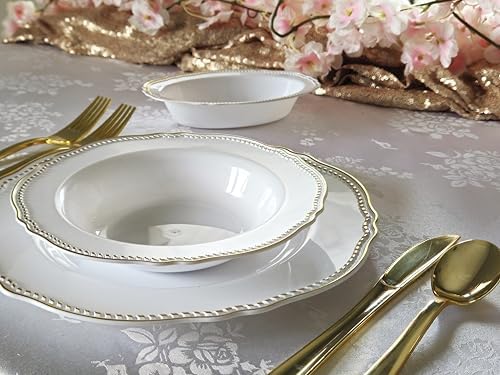" OCCASIONS " 200pcs set (25 Guest)-Wedding Disposable Plastic Plates & cutlery - 10.25'', 7.5'' +paper napkins, Gold rim cups & Silverware (Rochelle White and Gold) - Image 5