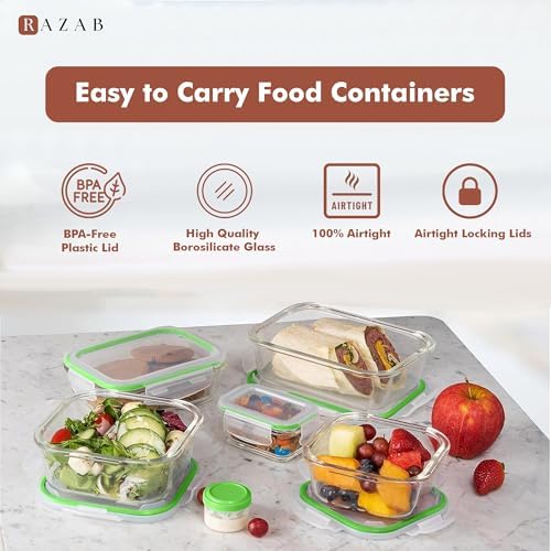Razab 35 Pc Set Glass Food Storage Containers with Lids - Meal Prep Airtight Bento Boxes BPA-Free 100% Leak Proof (15 lids,15 glass & 5 Plastic Sauce/Dip Containers) - Image 7