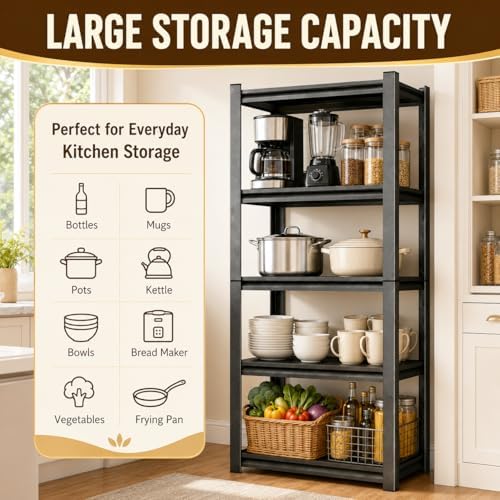 Kitchen Organization, 5 Tier Wooden Kitchen Shelf, 2500 LBS Adjustable Bakers Rack, Heavy Duty coffee bar, Split Into 2 Units, Appliance & Pantry Organizer, 28" Wx 12" Dx 64" H - Image 4